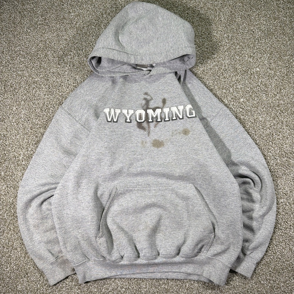 Vintage Wyoming Hoodie Large Cowboy Thrashed Worn Essentials Distressed